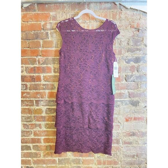 BLU SAGE Eggplant Purple Sequin Lace Layered Formal Cocktail Dress Shirt Sleeve - Picture 2 of 13